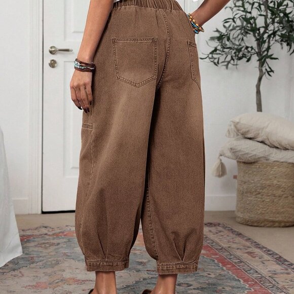 Coffee Brown Casual Women's Elastic Waist Loose Tapered Jeans - Picture 4 of 6